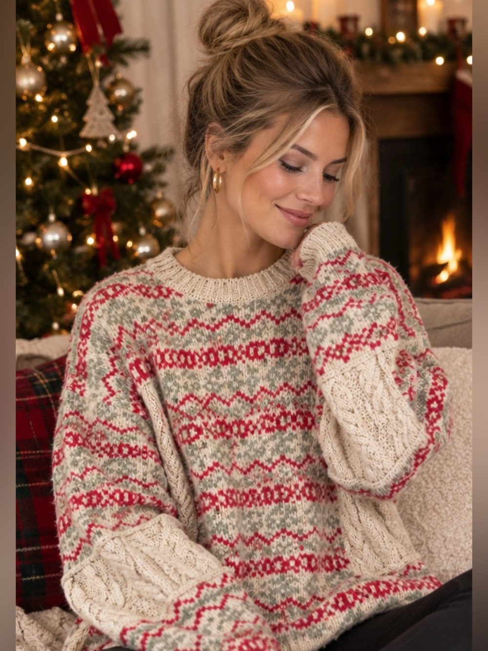 Zara- Chunky Knit Fair Isle Sweater in Cream with Red & Green Accents